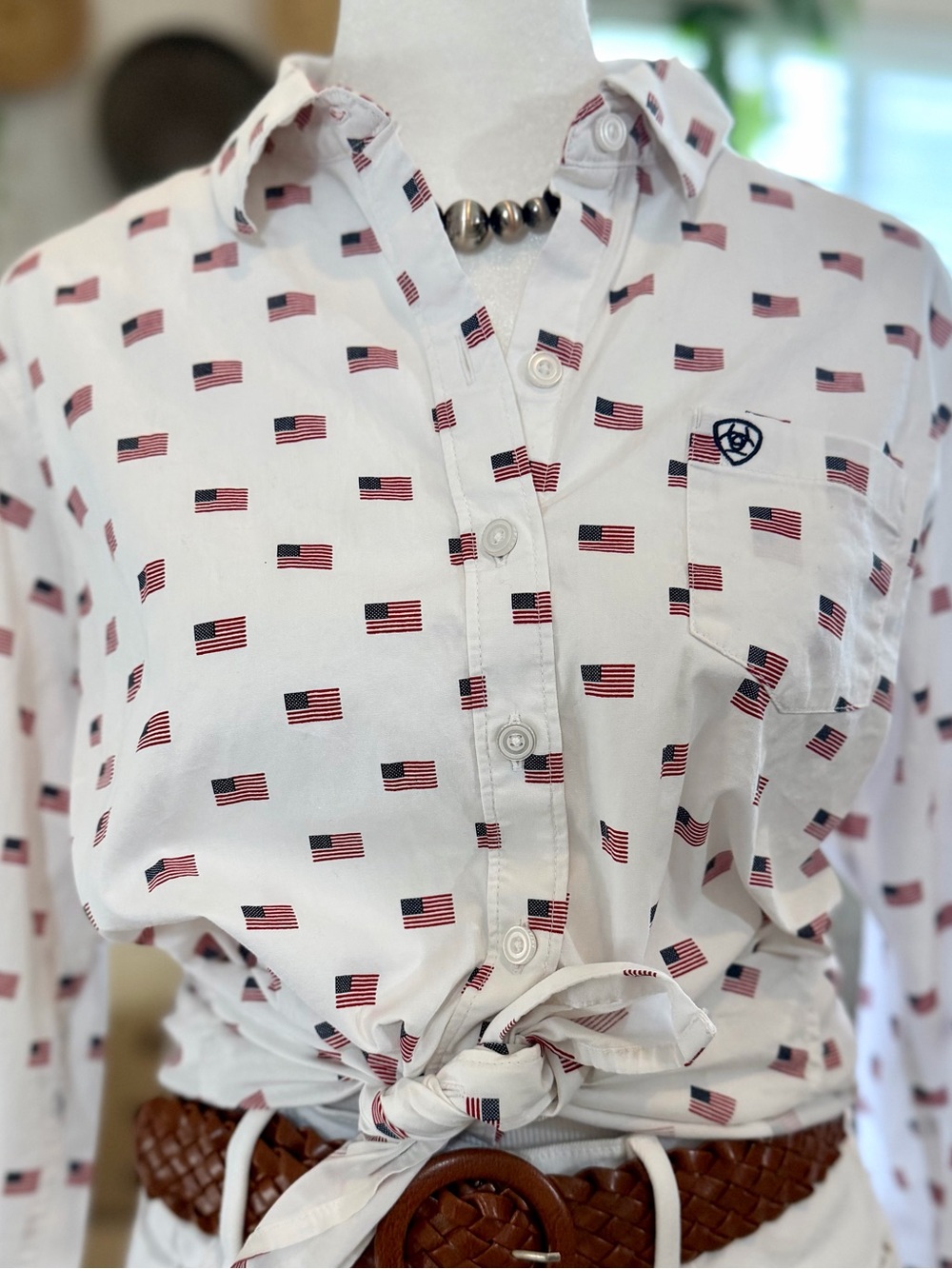 ARIAT USA Flag Top American Patriotic Western Fitted Blouse Button-Up Shirt L